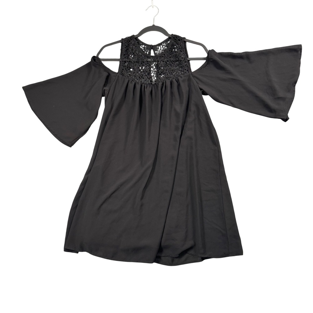 Heartsoul Black Cold Shoulder Mini Dress Crochet Lace Bell Sleeve Boho Fairy L